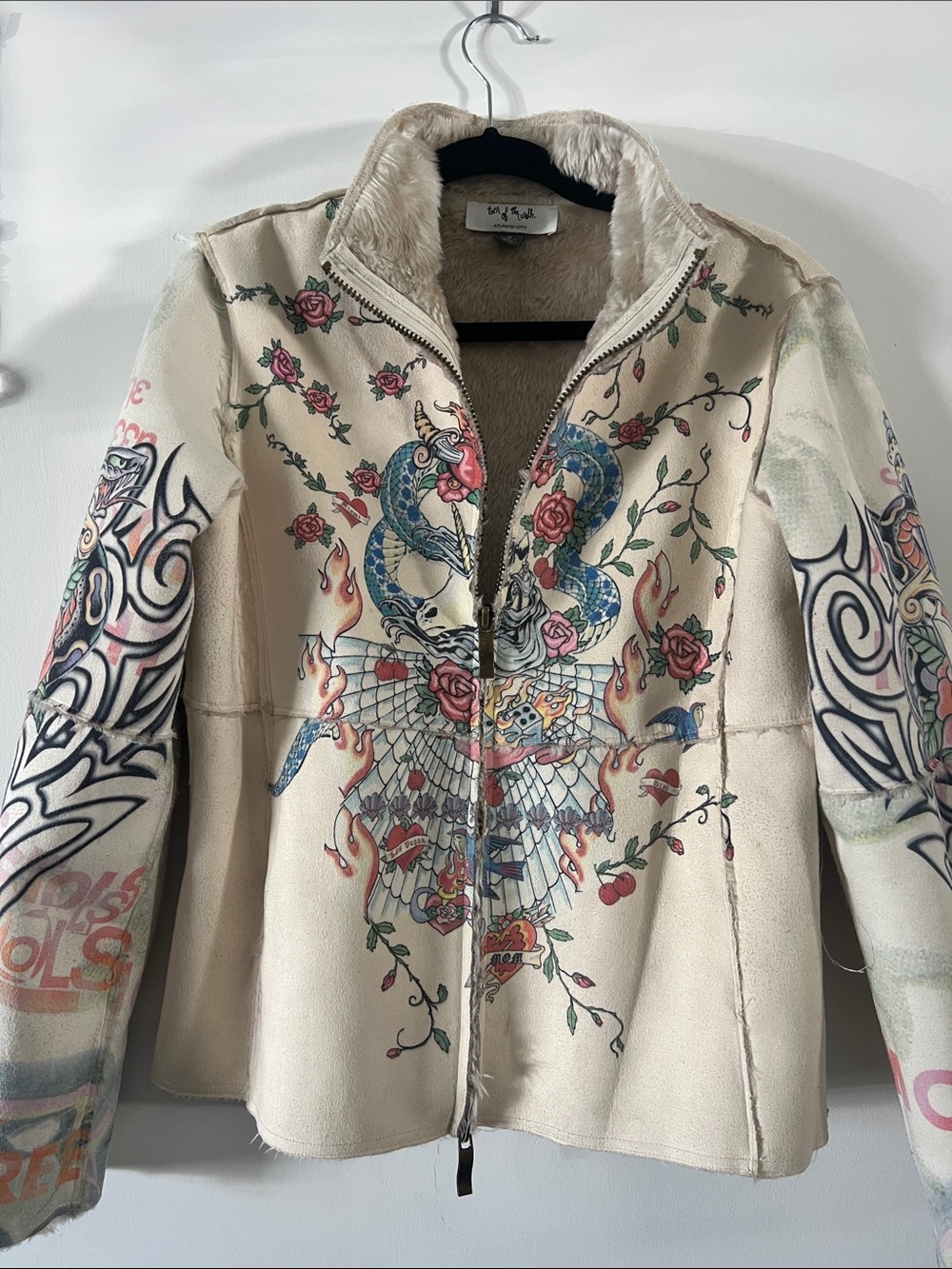 Tribal graphic Beige Faux Fur Jacket - Cozy Plush Outerwear